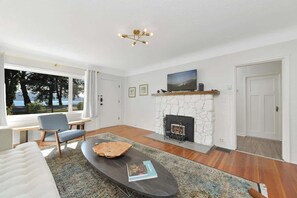 Fernseher, Kamin, Bücher, Arbeitsbereiche