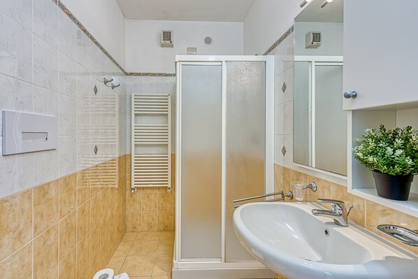 A modern bathroom with a glass-enclosed shower, a white sink, and a potted plant on the vanity.