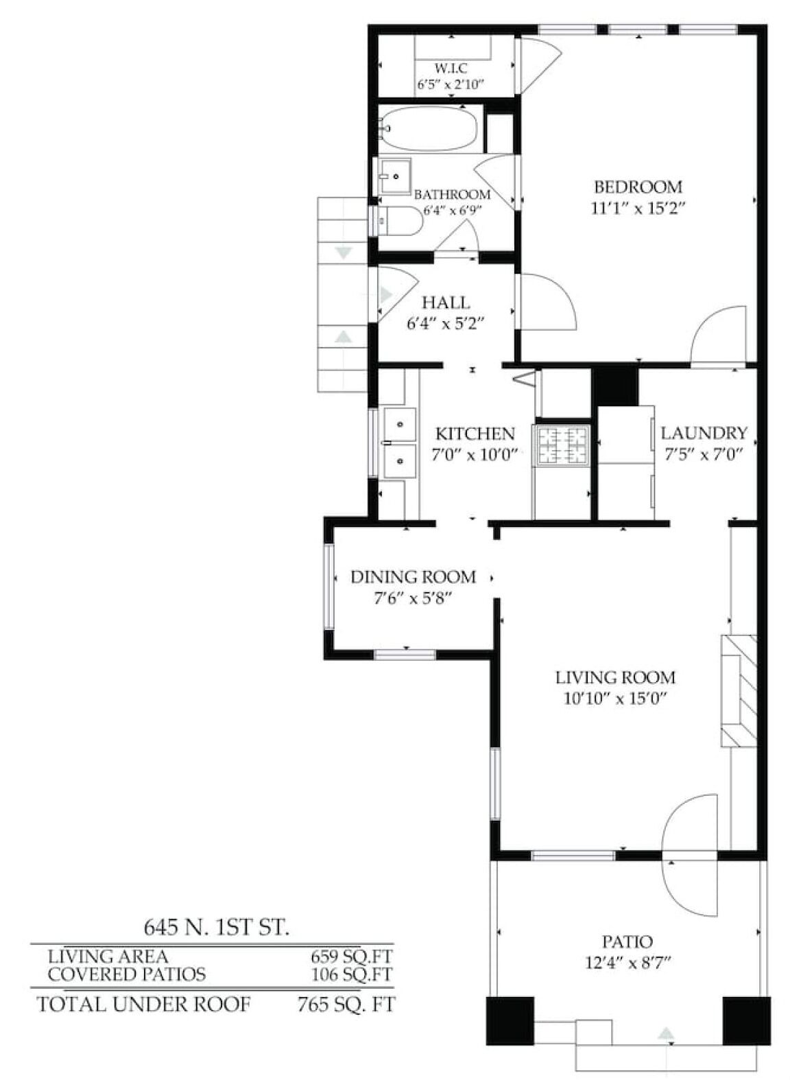 Plan d’étage d’un appartement situé au 645, rue 1re, nord, d’une superficie de 659 pieds carrés, comprenant un espace de vie, des patios couverts de 106 pieds carrés et une superficie totale couverte de 765 pieds carrés.