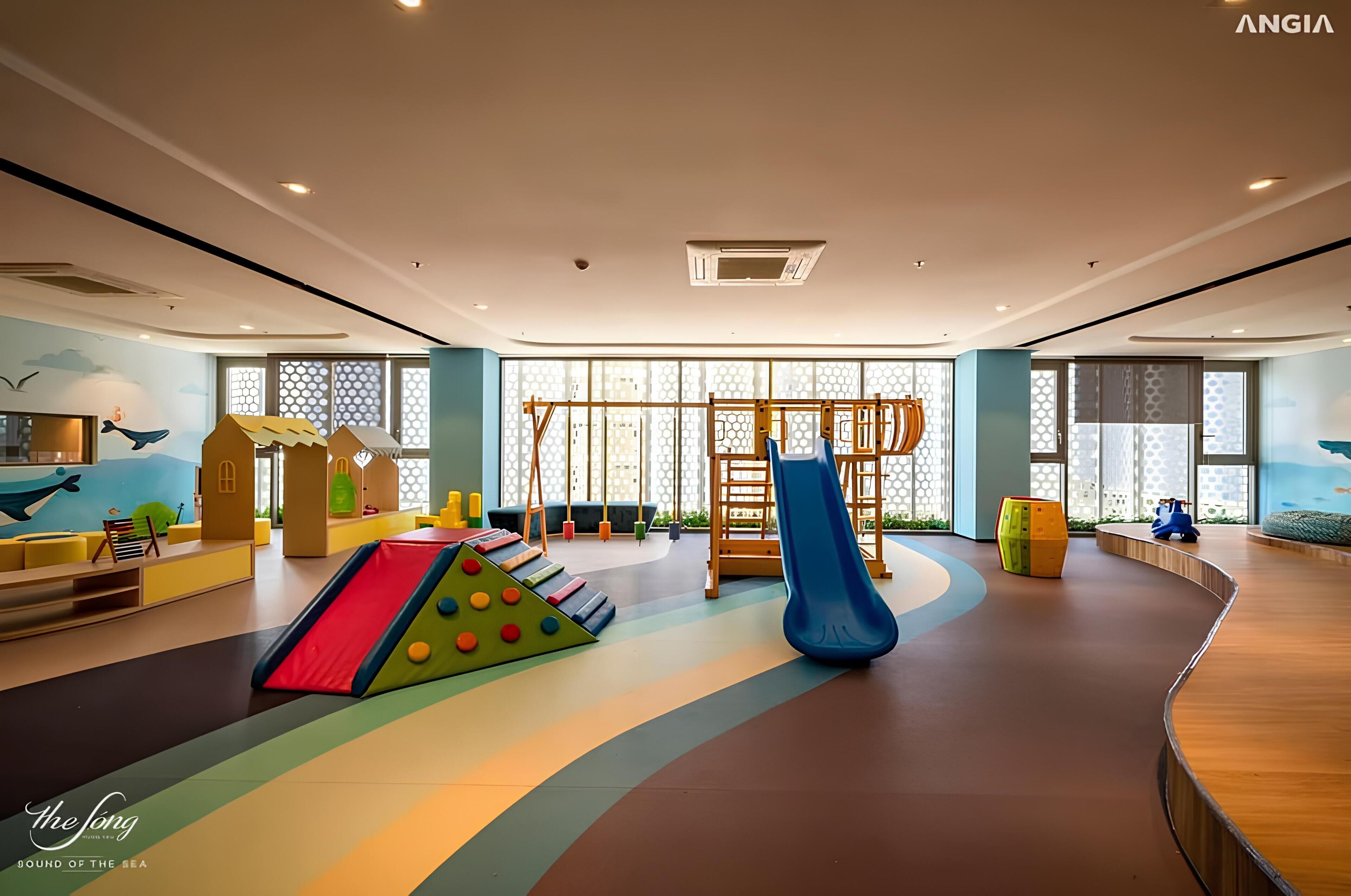 A children's play area with slides, climbing structures, and soft play furniture.