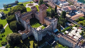 Un castillo con foso, rodeado de vegetación y un pequeño pueblo.