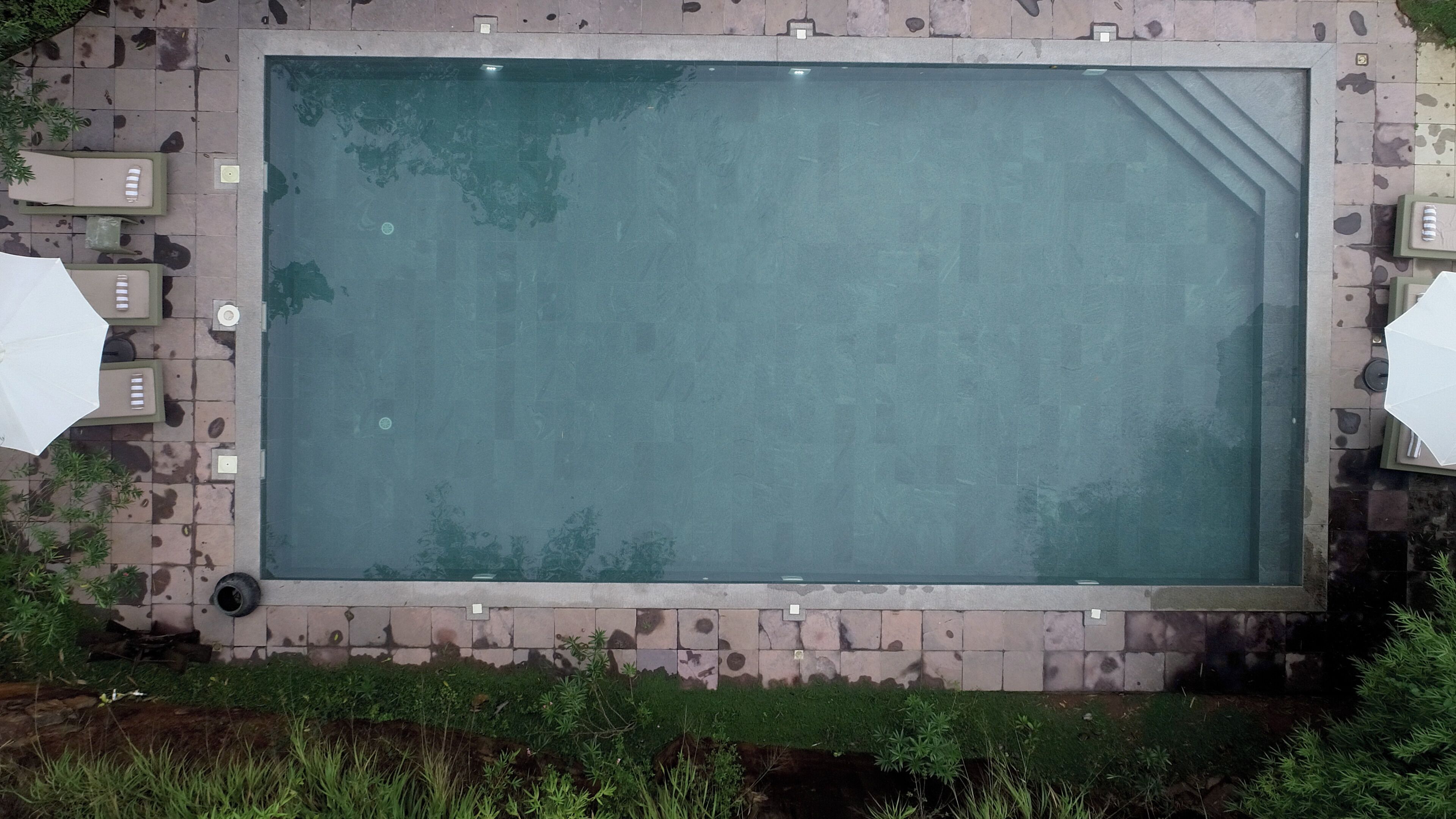 A rectangular swimming pool with a stone border, surrounded by lounge chairs and umbrellas.