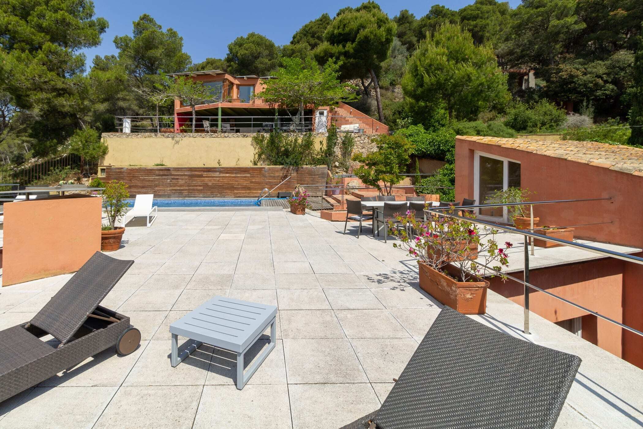 A rooftop terrace with lounge chairs, a pool, and potted plants.