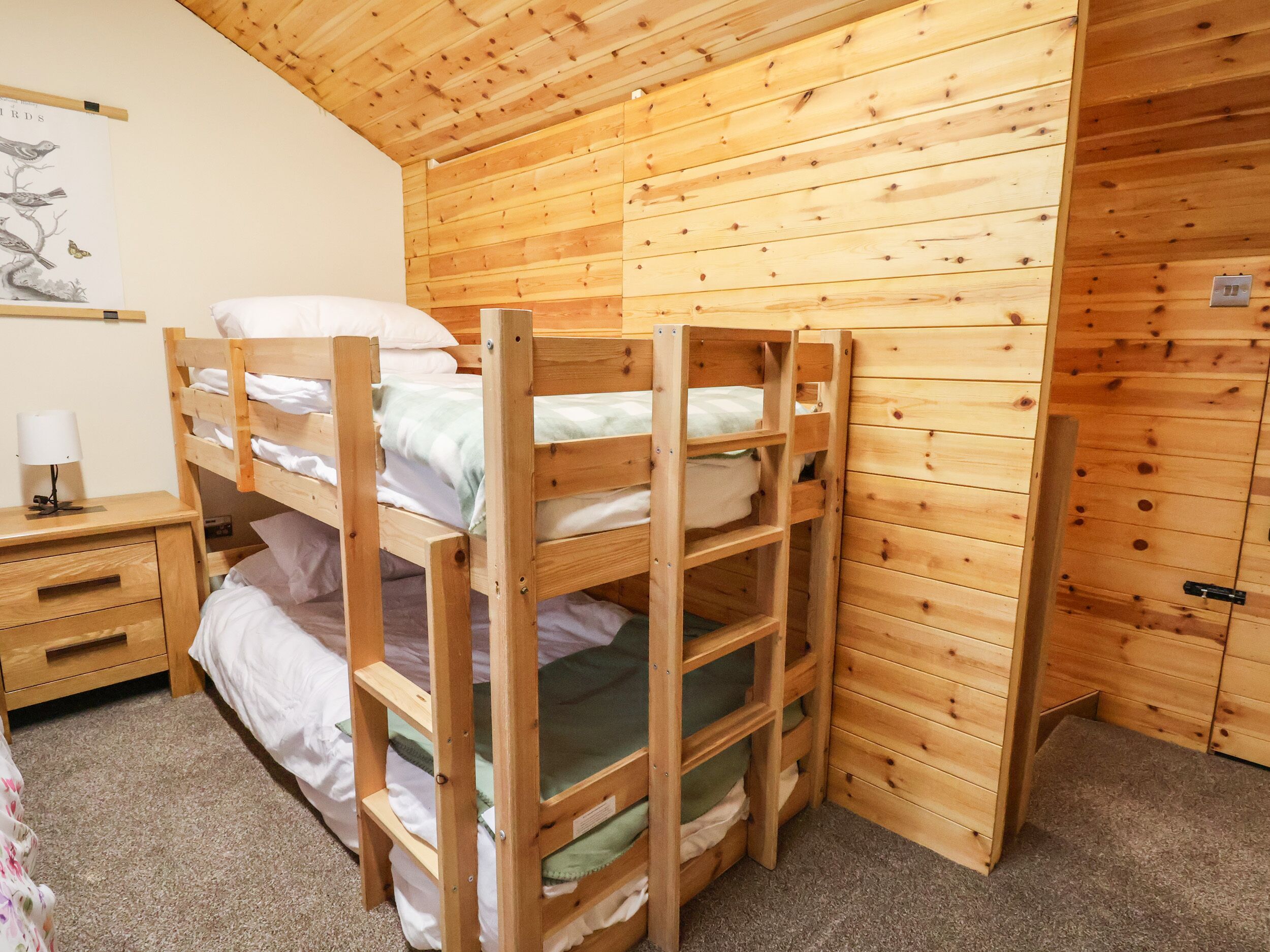 Camera con letti a castello, pareti in legno e un comodino con lampada.