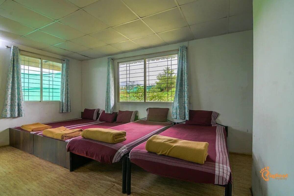 A room with two beds, each with a mattress and pillows, and a window with curtains.