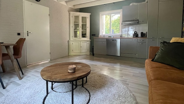 A compact kitchen with modern appliances, a dining area with a round table, and a cozy seating arrangement. - Holiday home in Schoonloo with balcony/terrace (Schoonloo)