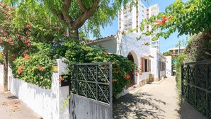 A narrow street with a white building, a metal gate, and a tree with red flowers.