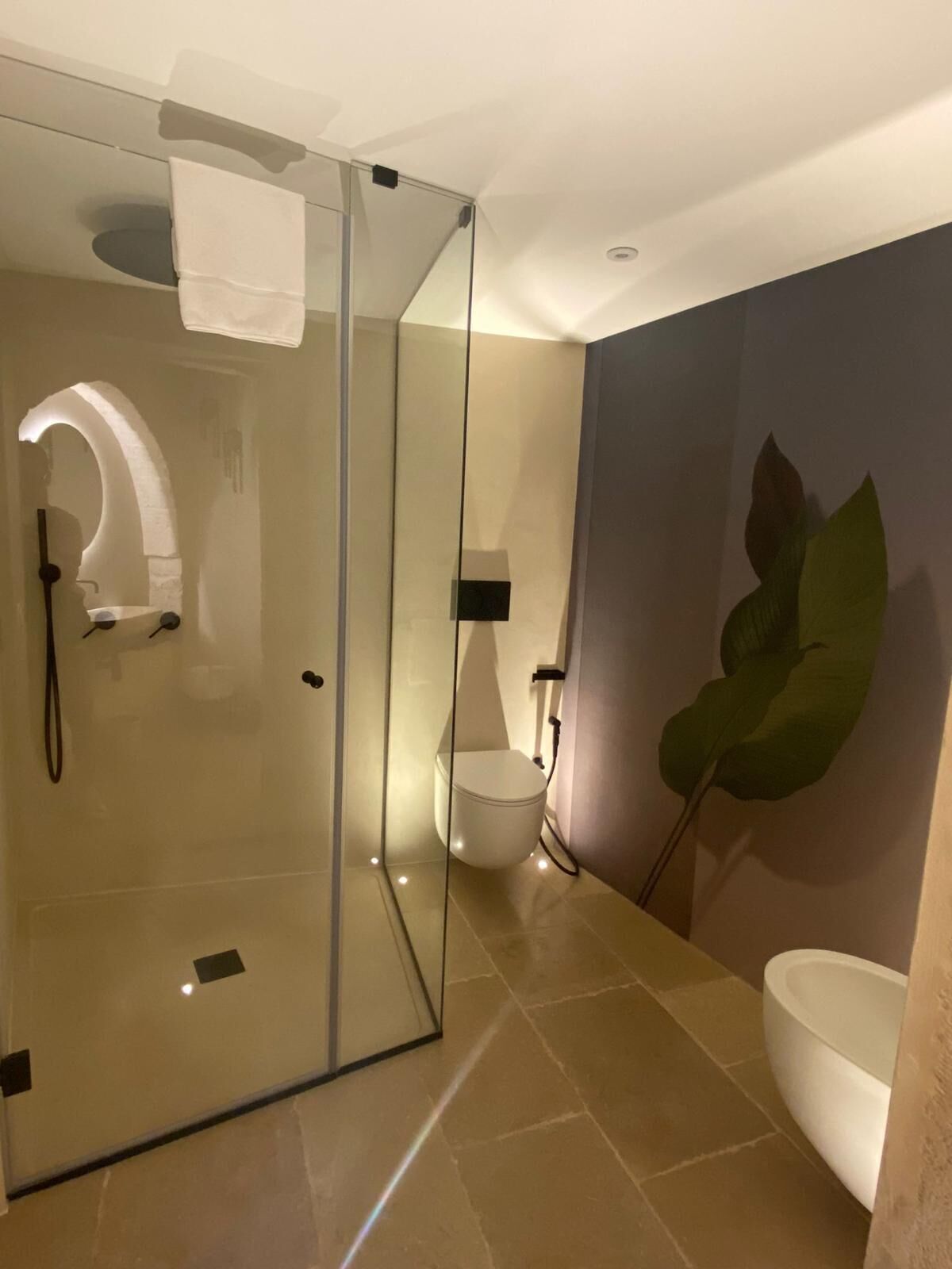 A modern bathroom with a glass shower enclosure, a toilet, and a bathtub.
