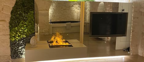A modern interior with a stone wall, a green wall with foliage, a fireplace, and a flat-screen TV.