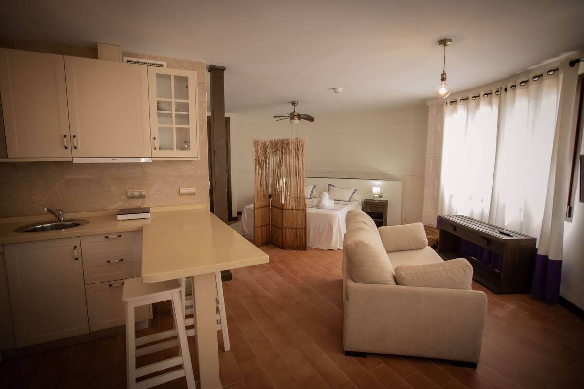 Un espacio habitable compacto con cocina, una mesa de comedor, un sofá y una cama.