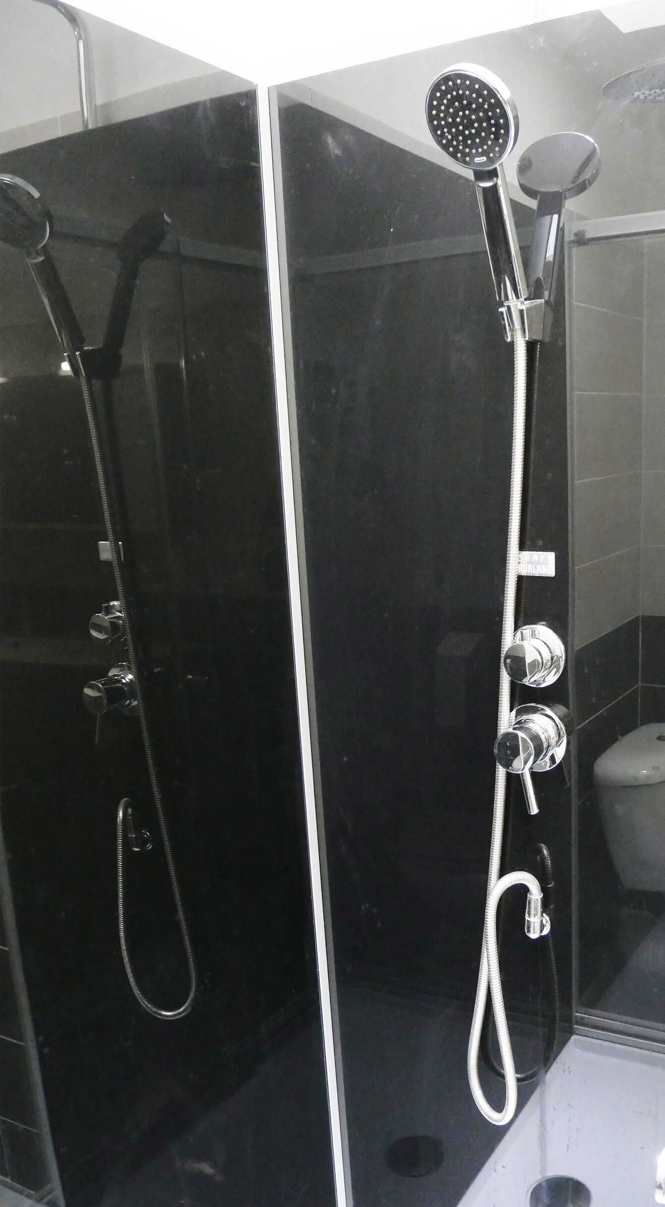Une cabine de douche fermée par des parois en verre, équipée d’un pommeau de douche à main et d’un pommeau de douche fixé au mur.