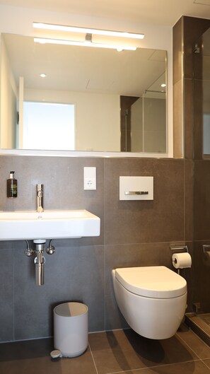 Douche, sèche-cheveux, serviettes fournies, savon