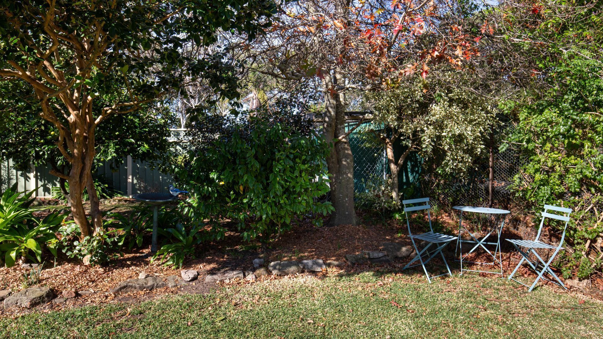 A garden with a dining area featuring a table and chairs, surrounded by trees and a fence.