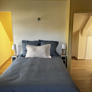 Une chambre à coucher avec un grand lit, deux tables de chevet et un luminaire au plafond.