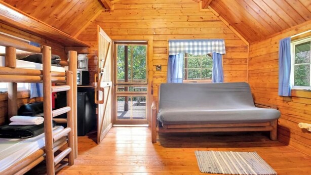 Una cabaña acogedora con cama en altillo, una kitchenette pequeña y un ventanal con cortinas.