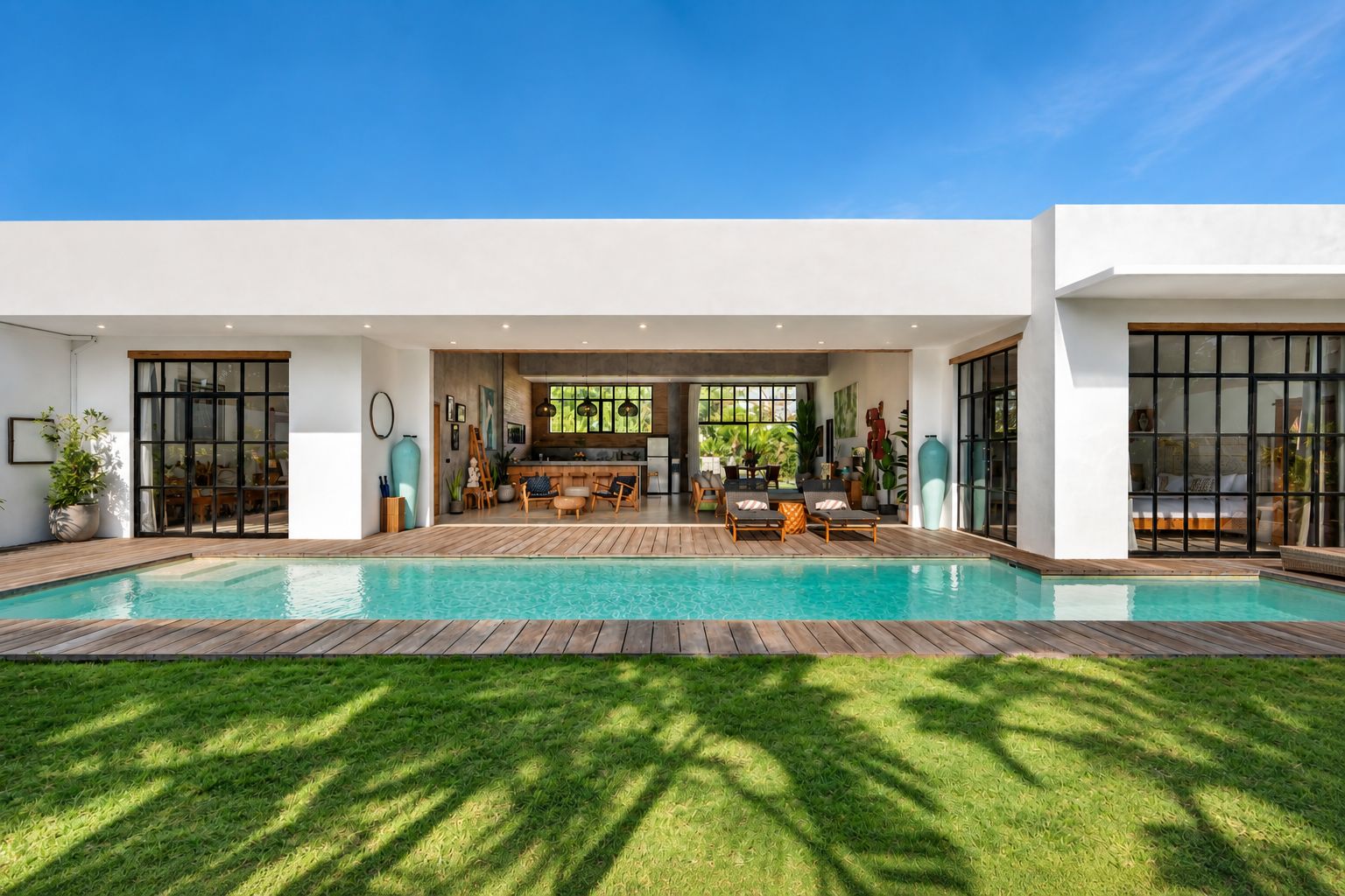 A modern house with a swimming pool, wooden deck, and a dining area with outdoor furniture.