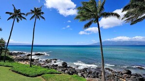 A coastal landscape with palm trees, a rocky shoreline, and a clear blue sky. - 1bd Oceanfront gem with charm, views & Island vibe (Lahaina)