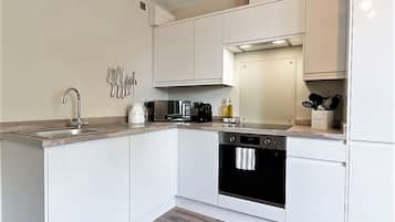 Basic Apartment | Private kitchen | Full-sized fridge, microwave, oven, stovetop