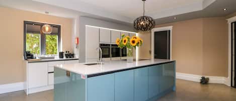 A modern kitchen with a central island, built-in appliances, and a decorative vase with sunflowers.