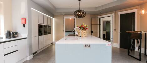 Fridge, dishwasher, cookware/dishes/utensils