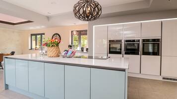 Fridge, dishwasher, cookware/dishes/utensils