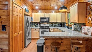 A cabin-style kitchen with wooden walls, a granite countertop, stainless steel appliances, and a hanging light fixture. - Peaceful 3BR GBurg w/Hot Tub + Fireplace* Privacy! (Sevierville)