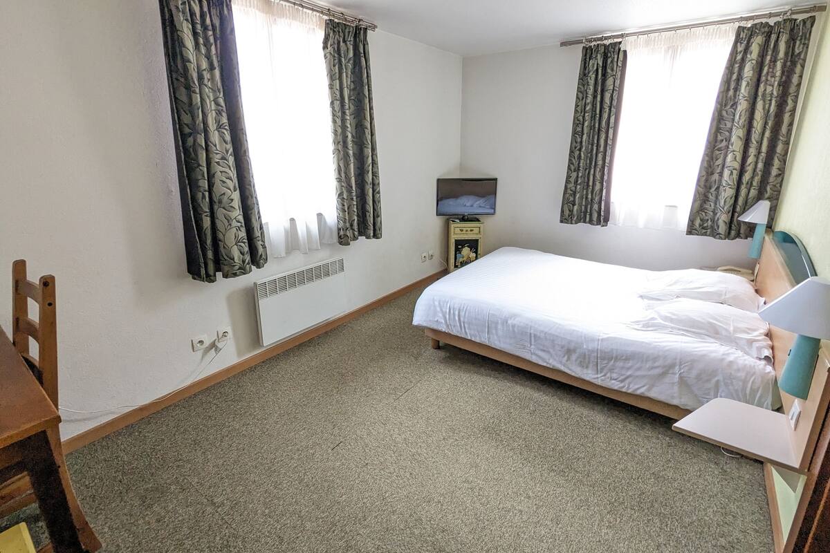 Un dormitorio con una cama, un escritorio, una silla, un televisor y un radiador.