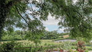 A patio with a table and chairs, surrounded by planters with flowers, set against a backdrop of a lush green landscape and a clear sky. - The Coach House at Thorn Farm (Exeter)
