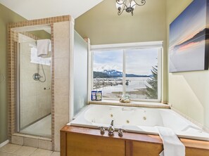 Combined shower/tub, jetted tub, hair dryer, towels - Juneau Oceanfront Home Overlooking Auke Bay (Juneau)