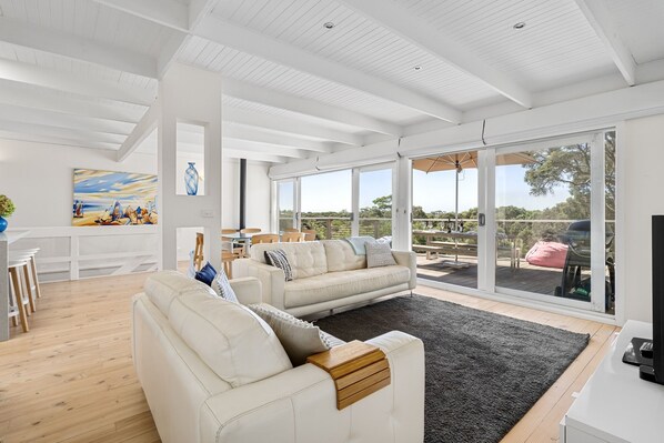 Smart TV, chimenea, mesa de ping pong, libros