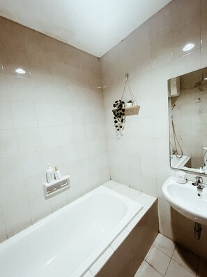Shower, hair dryer, bidet, towels