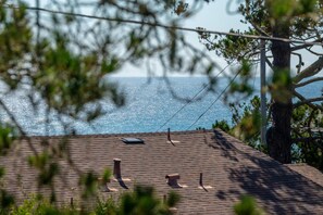 Une terrasse offrant une vue sur la mer, un arbre et quelques poteaux électriques.