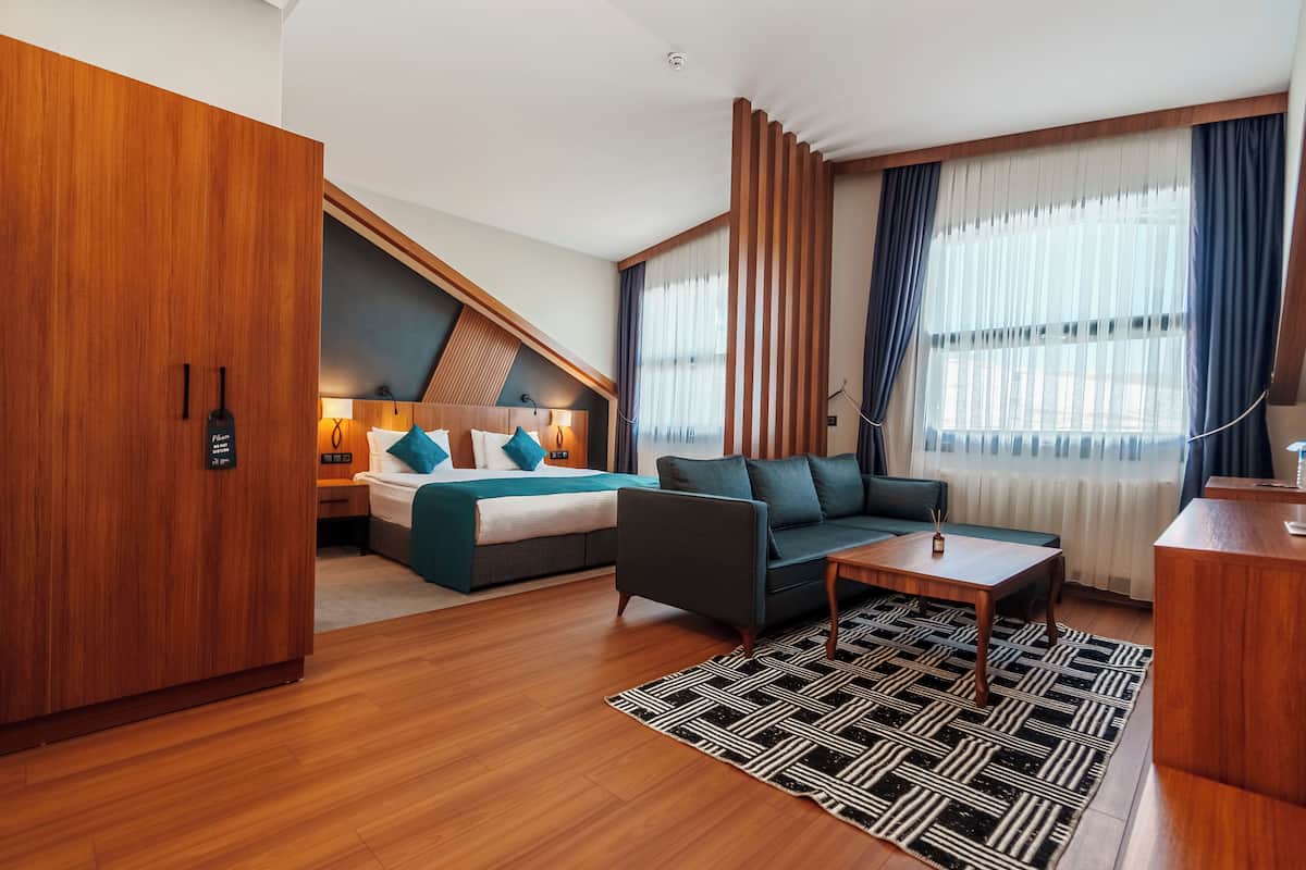 Quarto de hotel moderno com cama, sofá e escrivaninha. Possui um guarda-roupa de madeira, um tapete estampado e uma janela com cortinas.