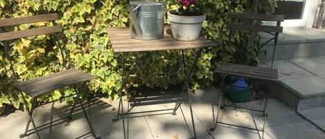 Et metalbord med to stole, en vandkande i metal og en potteplante med lyserøde blomster.
