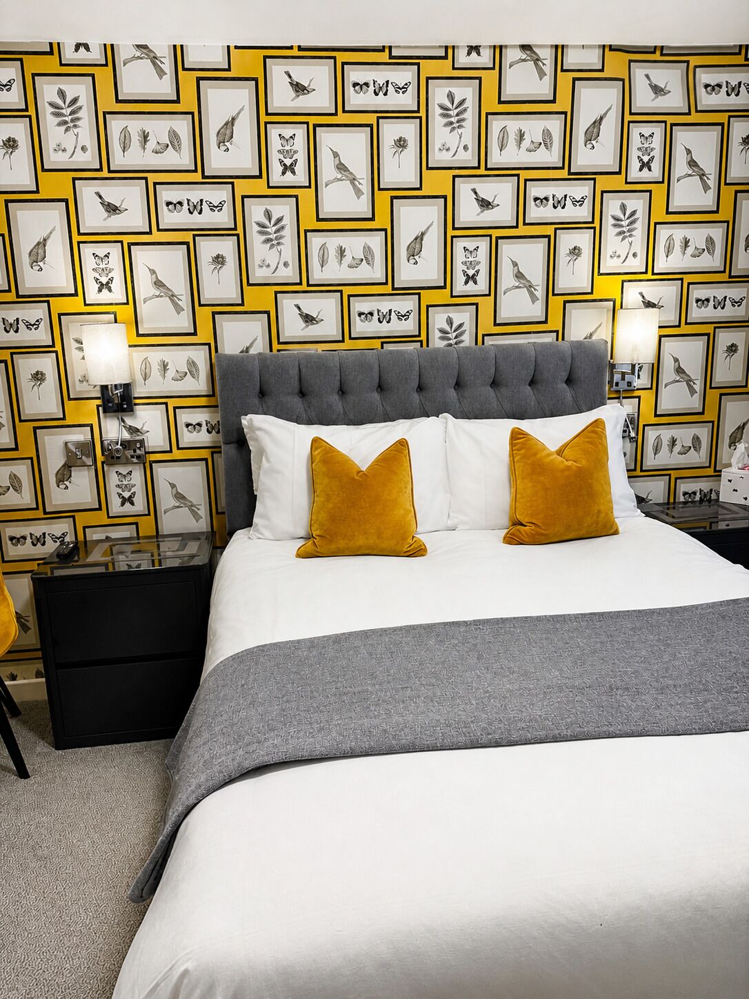 A bedroom with a bed, two pillows, a bedside table, a lamp, and a wall with framed botanical illustrations.