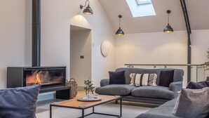 Een moderne woonkamer met een open haard, een grijze bank en een dakraam.