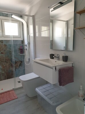 Douche, baignoire à jets, sèche-cheveux, bidet