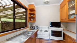 Une cuisine de taille réduite, équipée d’un évier, d’une cuisinière, d’un four à micro-ondes et de meubles de rangement en bois.