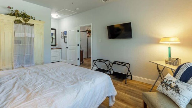 A bedroom with a bed, a ceiling fan, a TV, a desk with a lamp, and a chair. - La Casita: Hot-tub & Firepit, 15 min to Fred! (Harper)