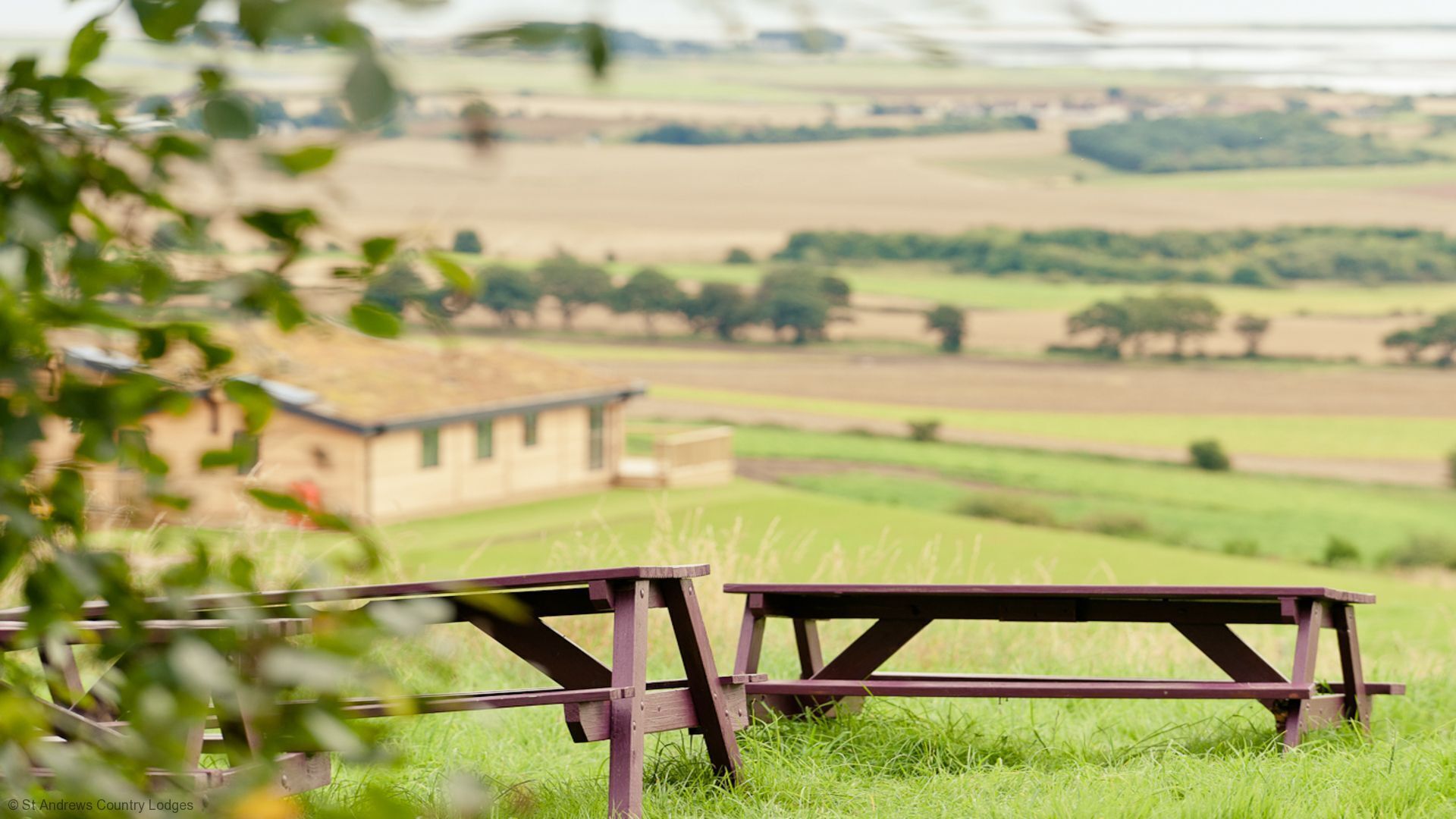 A rural landscape with two wooden picnic tables in the foreground and a building in the background.