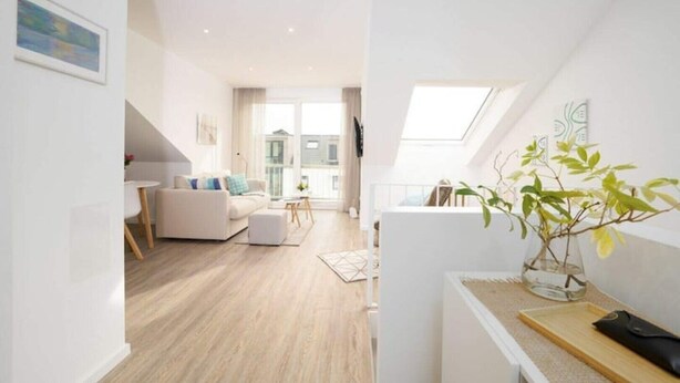 Un appartement moderne comprenant un salon, un coin repas et un balcon agrémenté d’une plante.