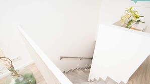Un escalier avec une rampe blanche et une plante sur le palier.