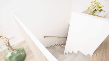 Eine Treppe mit weißer Geländer und einer Pflanze auf der Zwischenebene.