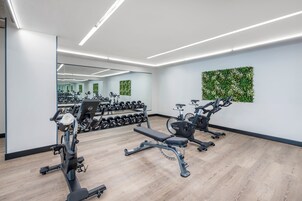 A modern gym with exercise equipment, a mirrored wall, and a green wall decoration.