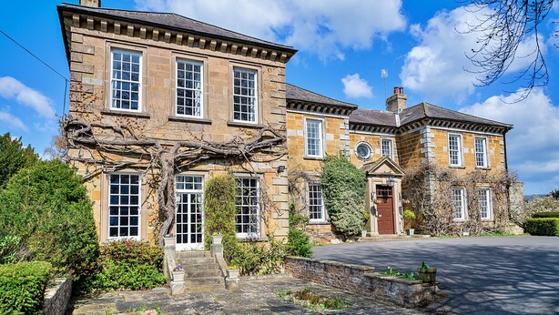 A large stone building with multiple windows and a prominent tree in front.