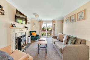 Smart TV, fireplace, books