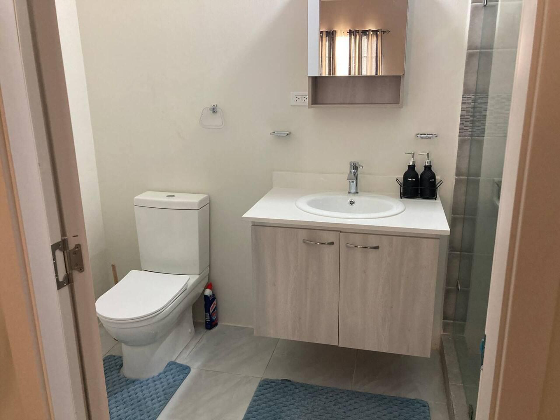 Een badkamer met toilet, wastafel en kast.