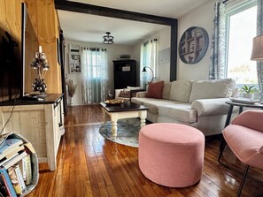 Smart TV, fireplace, books, music library