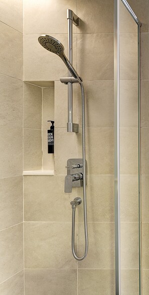 Shower, rainfall showerhead, eco-friendly toiletries, hair dryer
