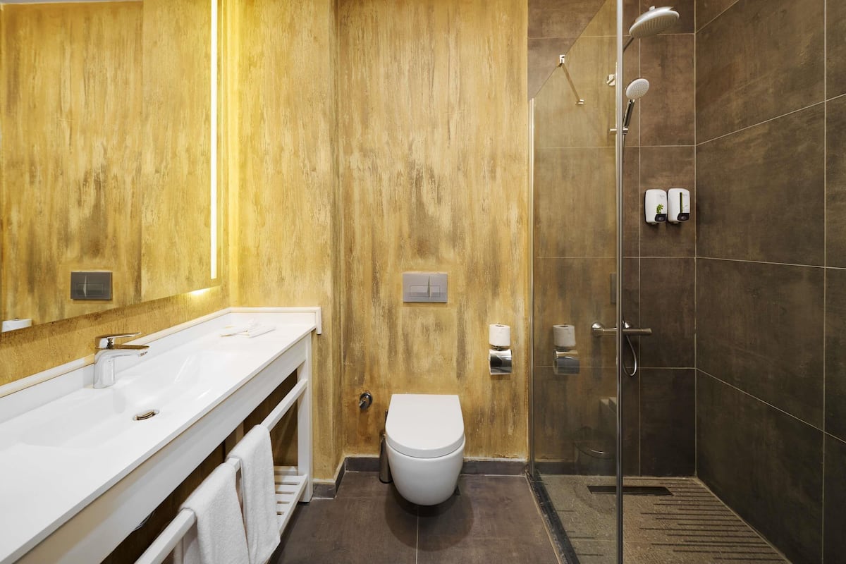 A modern bathroom with a white sink, a toilet, and a glass-enclosed shower area.